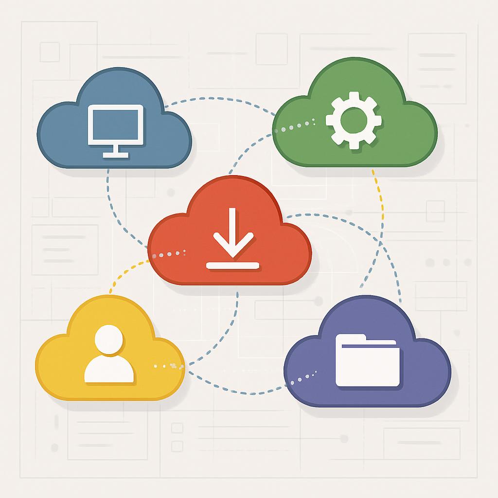 Computer devices connected to four clouds representing different types of clouds in the cloud computing model.